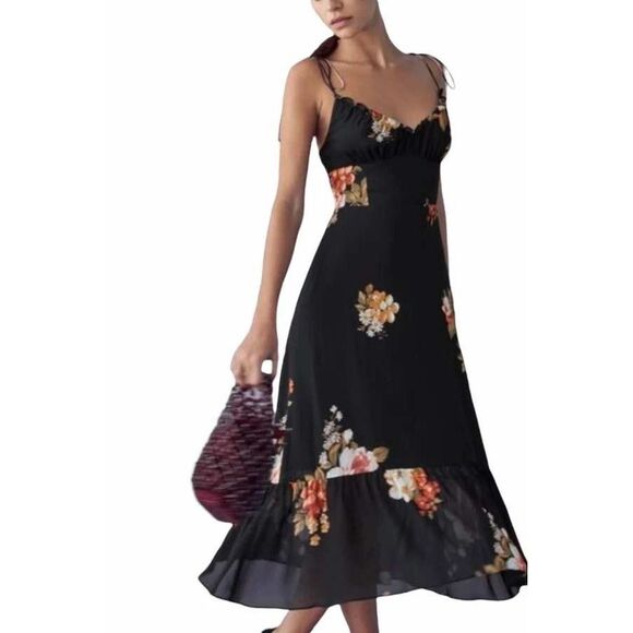 Reformation Dresses & Skirts - Reformation Dress Womens 12 Black Floral Juliette Tie Strap Ruffle Midi Viscose